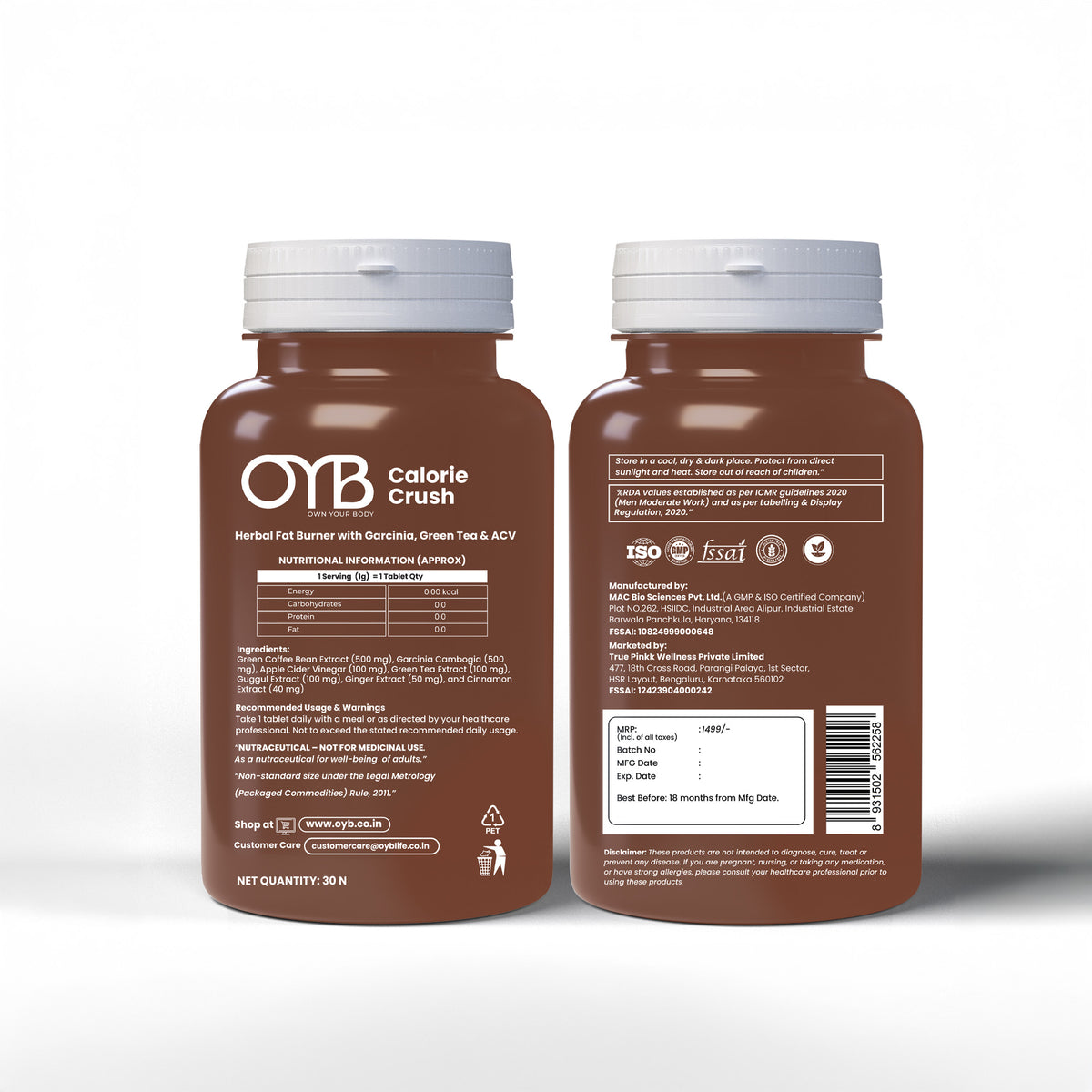 Fat Burner Tablets with Garcinia & Green Tea for Metabolism Support | 30 Tablets | OYB Calorie Crush