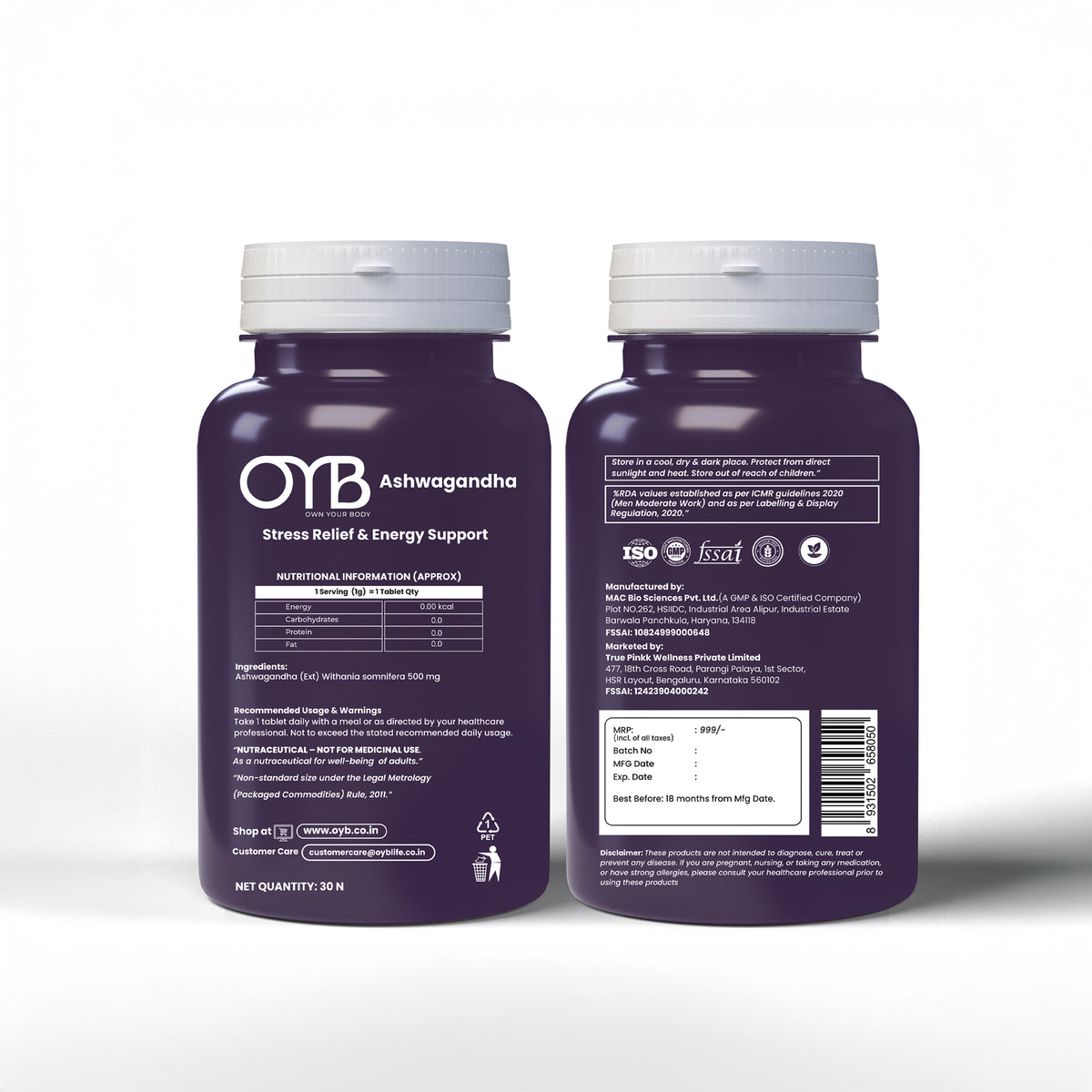 Ashwagandha 500 mg | 30 Tablets | OYB Ashwagandha