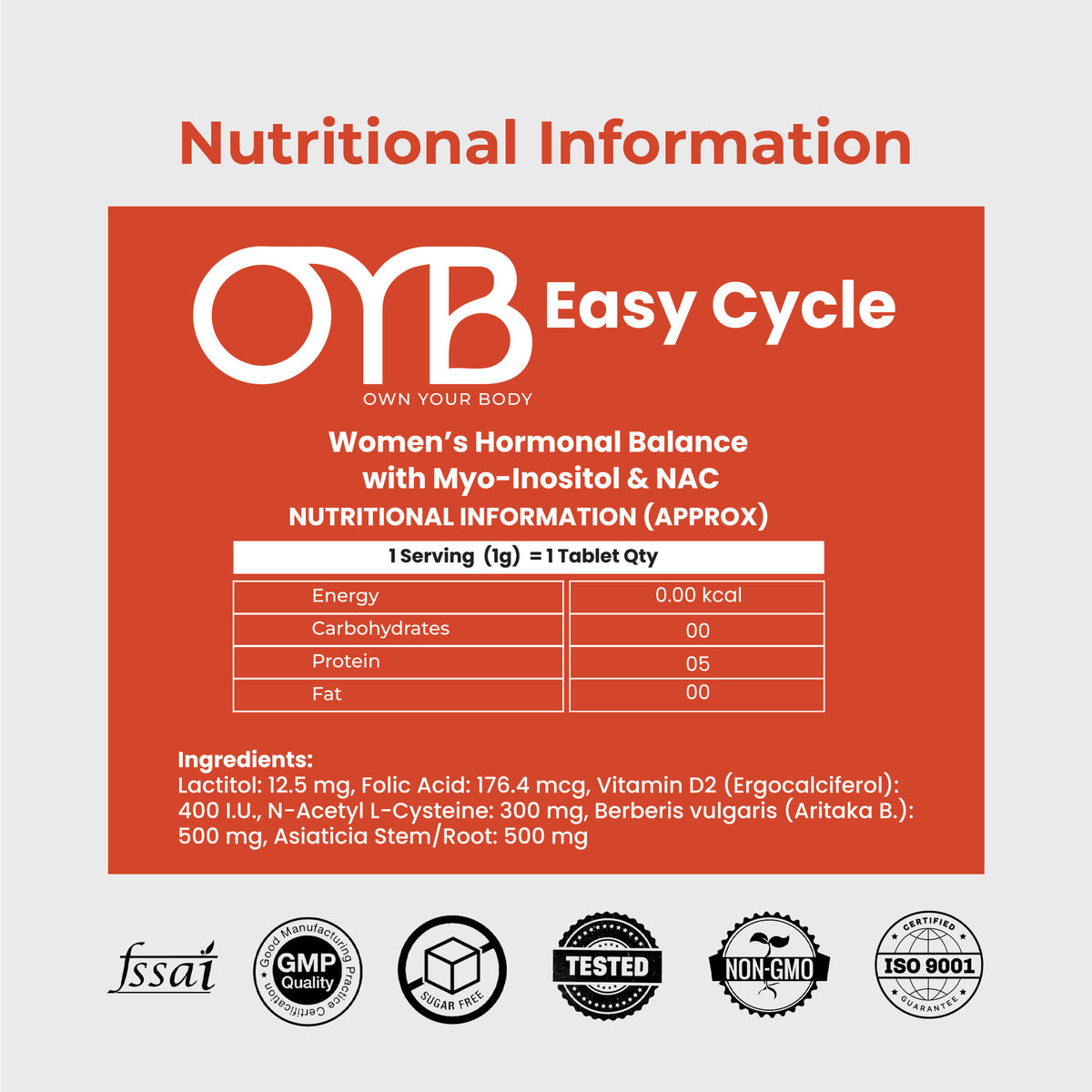 Myo-Inositol + NAC PMS Support | 30 Tablets | OYB Easy Cycle
