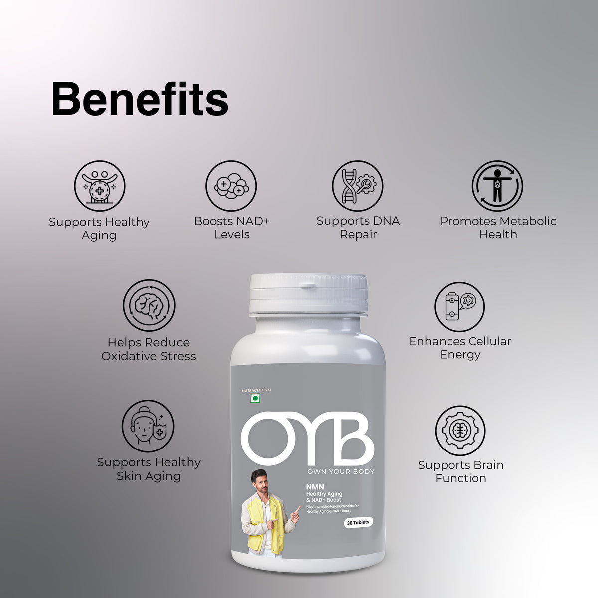 OYB NMN Anti-Aging Tablets with Nicotinamide Mononucleotide for NAD+ Boost | 30 Tablets | OYB NMN