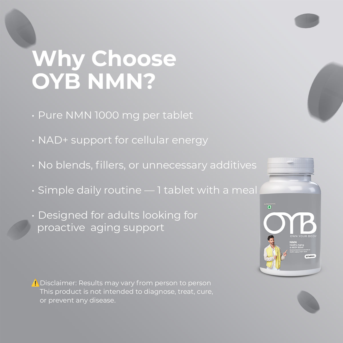 OYB NMN Anti-Aging Tablets with Nicotinamide Mononucleotide for NAD+ Boost | 30 Tablets | OYB NMN