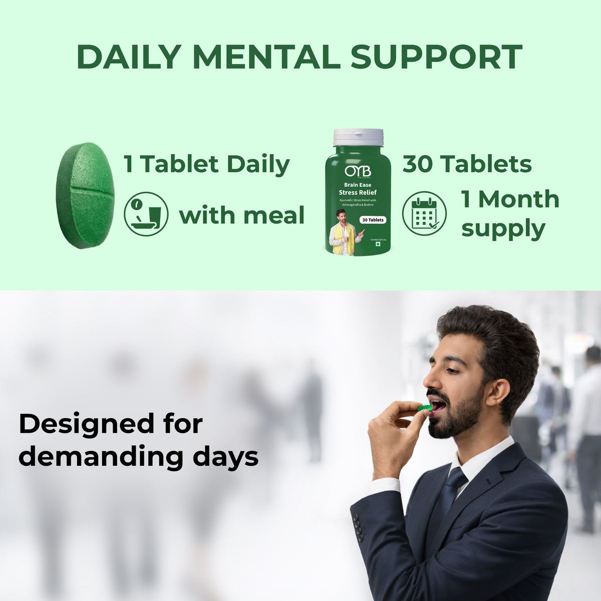 Stress Relief with Ashwagandha + Brahmi | 30 Tablets | OYB Brain Ease