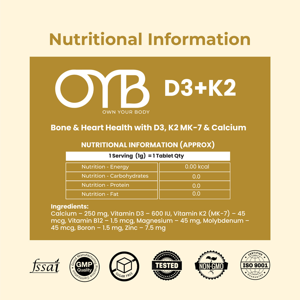 Vitamin D3 + K2 (MK-7)| 60 Tablets | OYB D3+K2