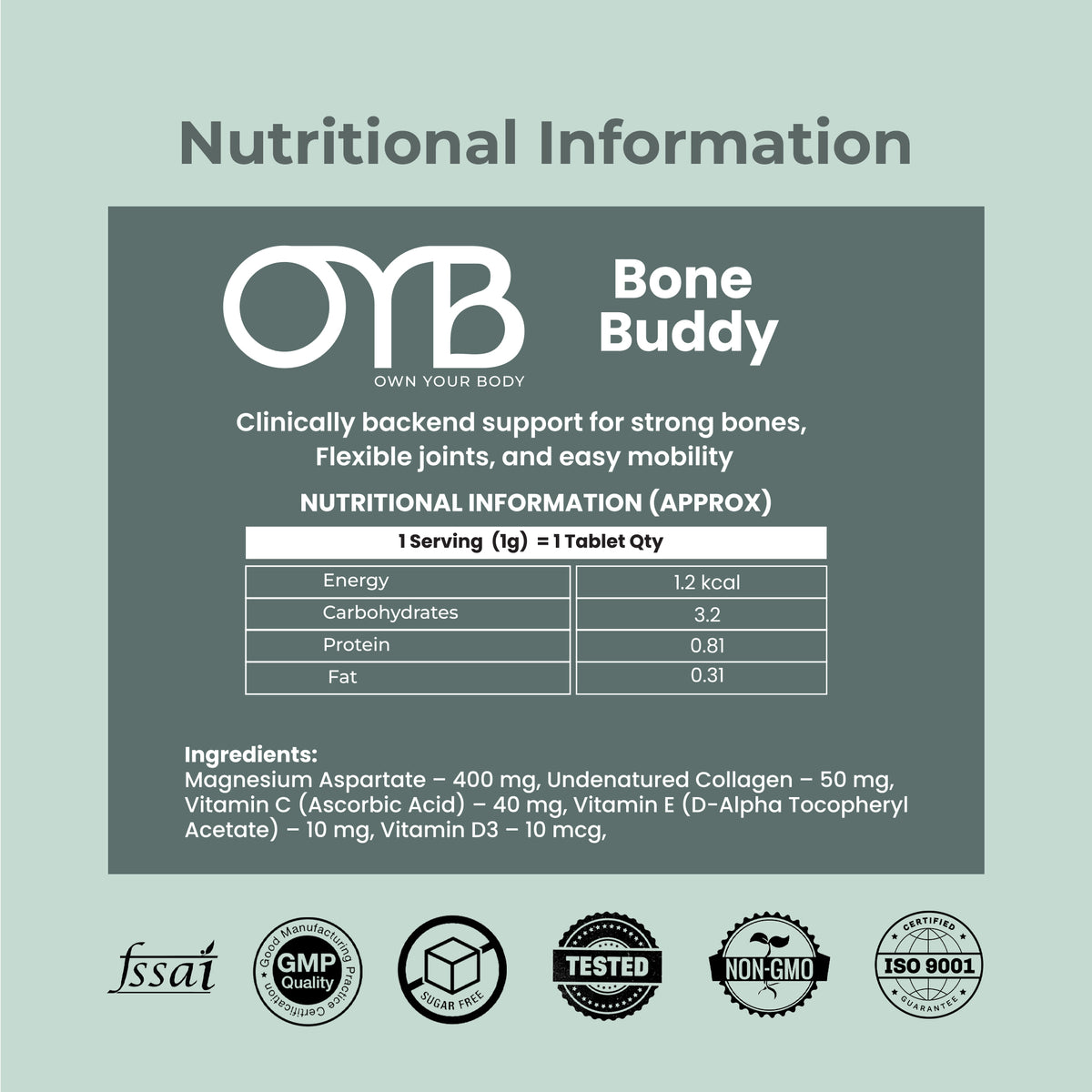 Bone & Joint Support Formula | 30 Tablets | OYB Bone Buddy
