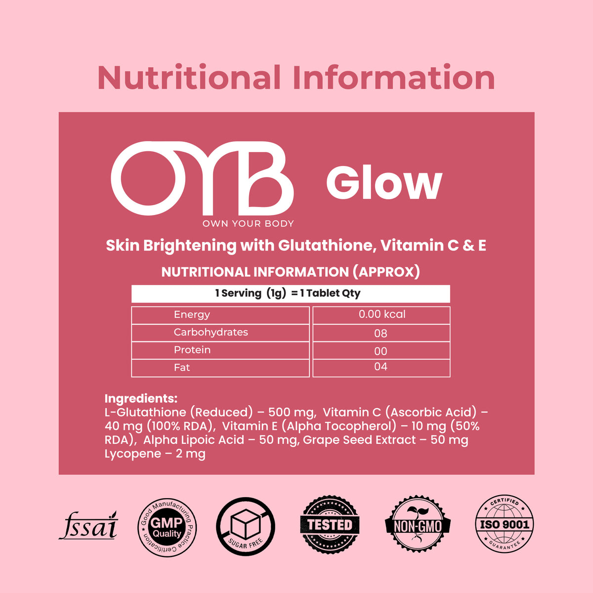 Glutathione 500 mg + Vitamin C & E | 30 Tablets | OYB Glow