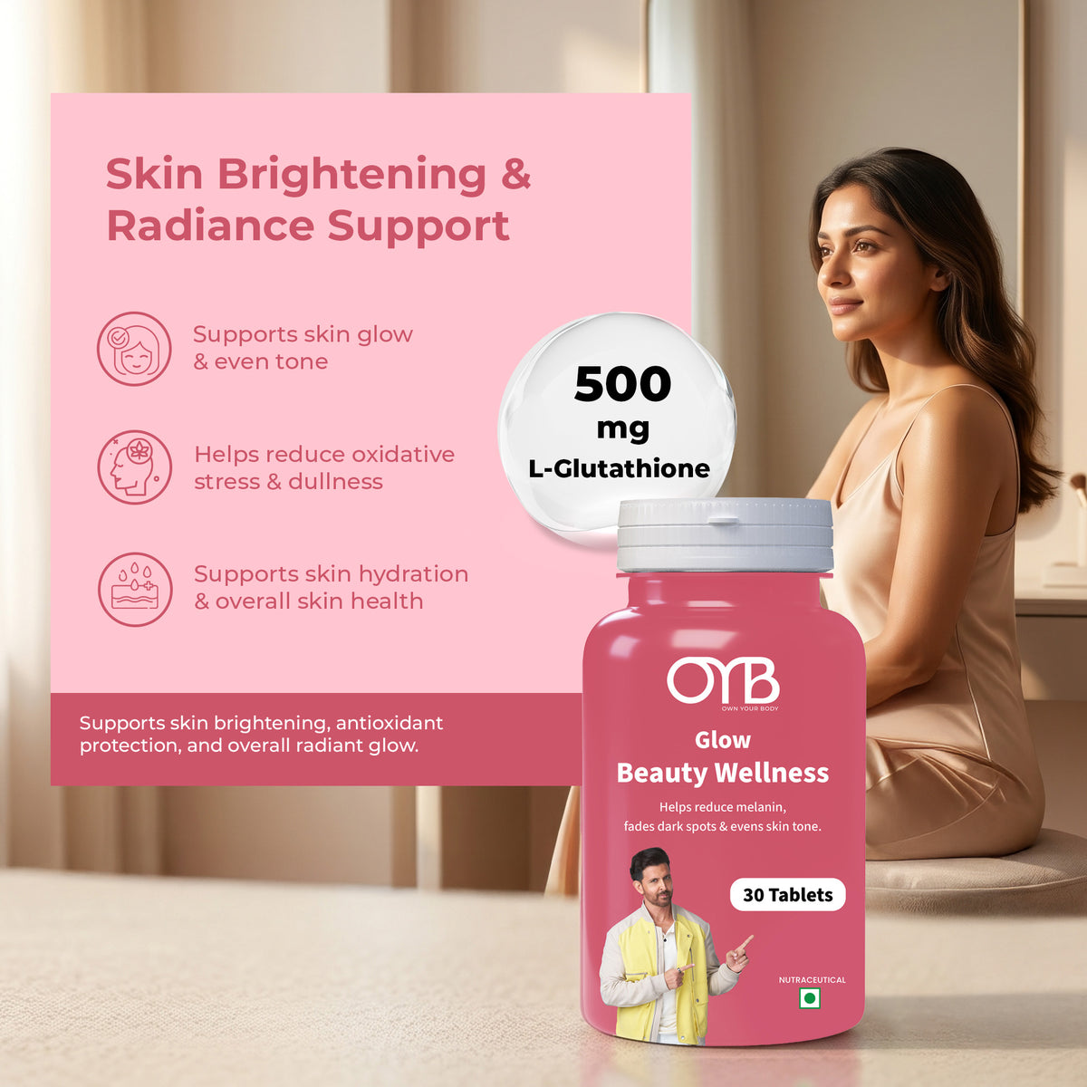 Glutathione 500 mg + Vitamin C & E | 30 Tablets | OYB Glow