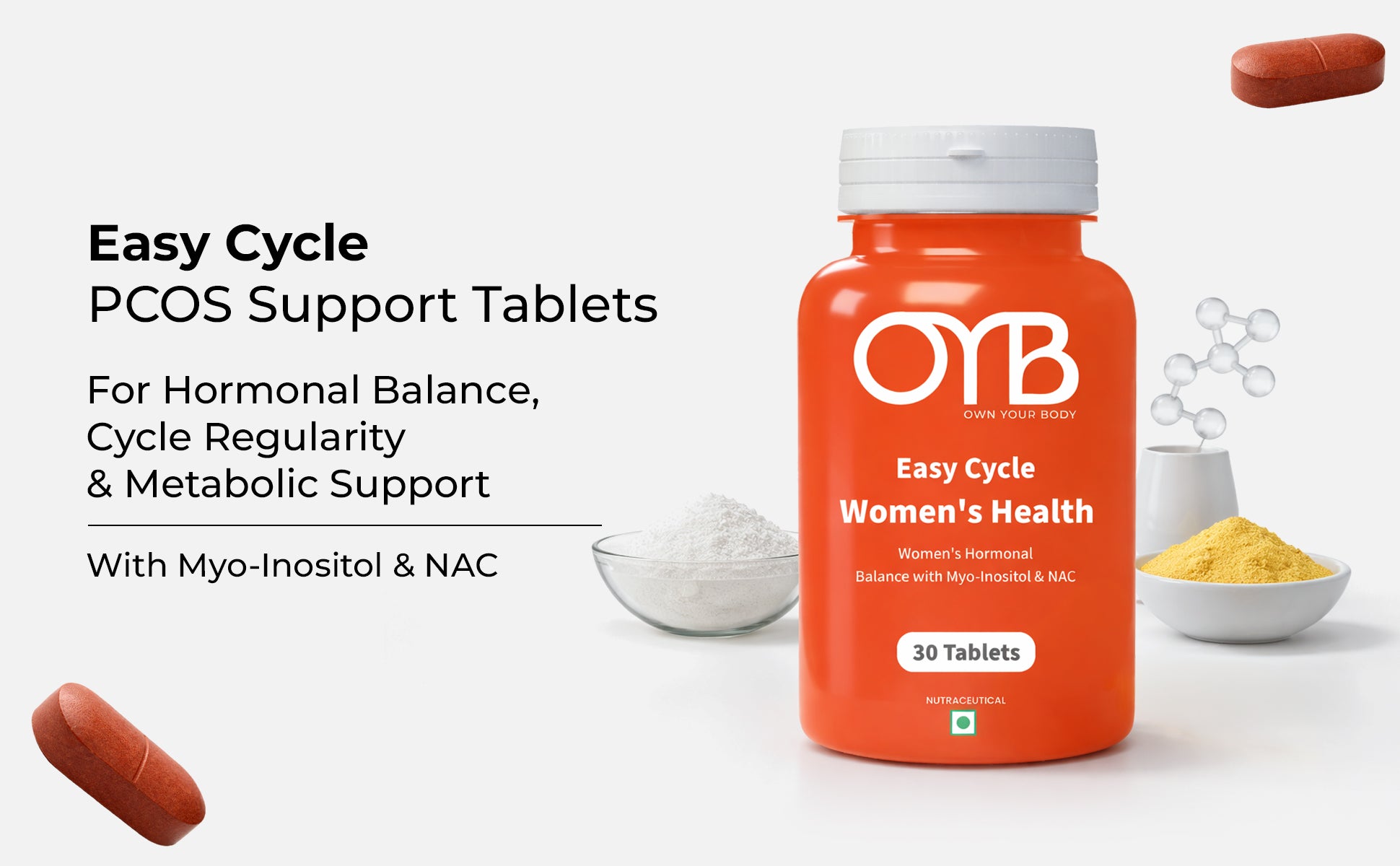 OYB PMSupport Supplement for Women with Myo-Inositol & NAC for Hormonal Balance | 30 Tablets | OYB Easy Cycle