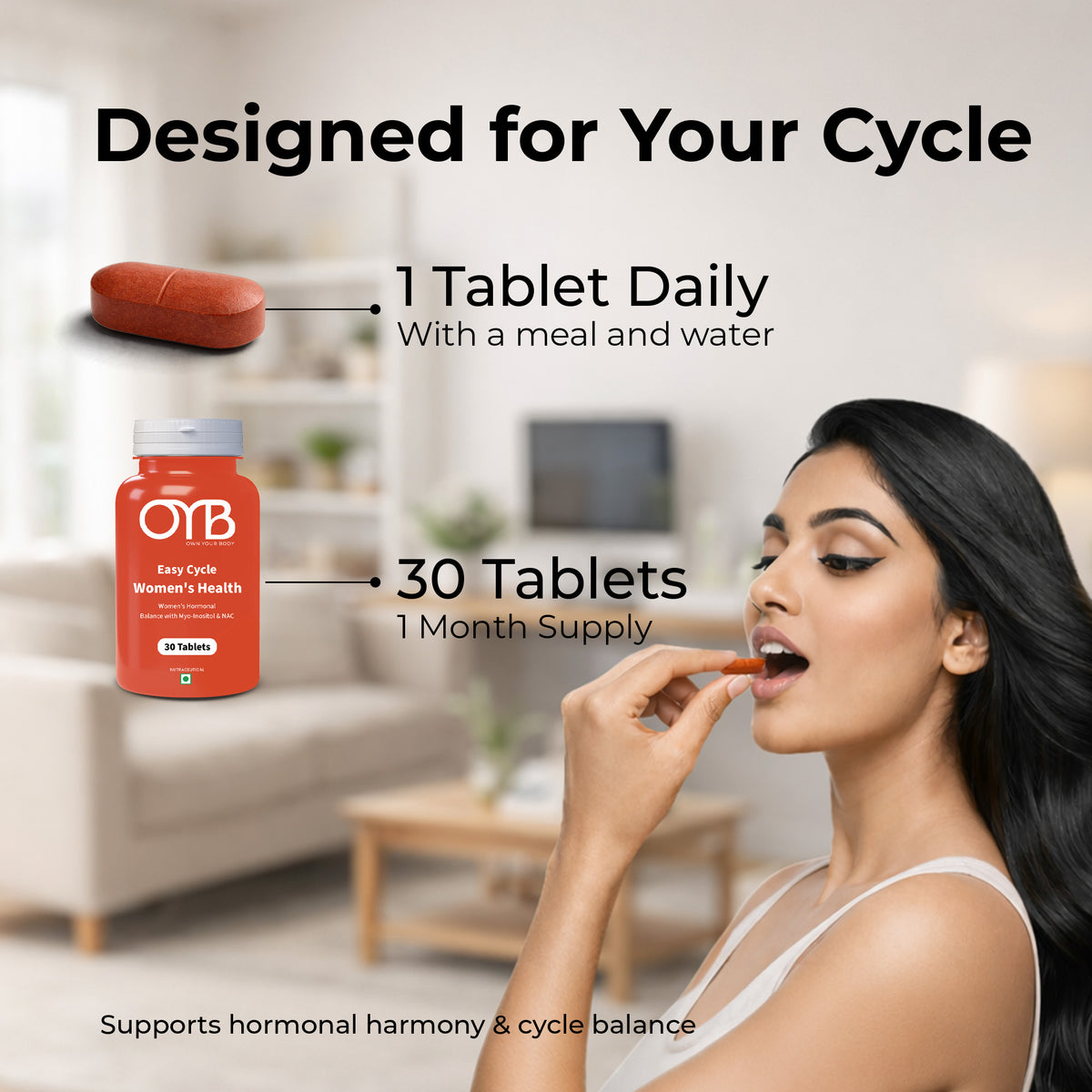 OYB PMSupport Supplement for Women with Myo-Inositol & NAC for Hormonal Balance | 30 Tablets | OYB Easy Cycle