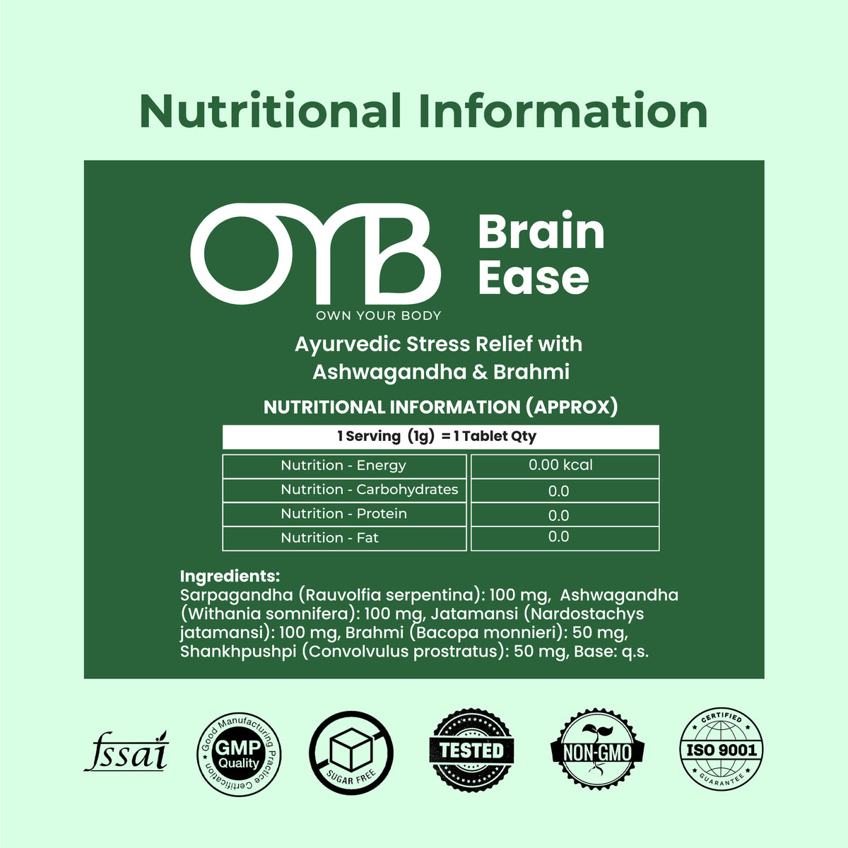 Stress Relief with Ashwagandha + Brahmi | 30 Tablets | OYB Brain Ease