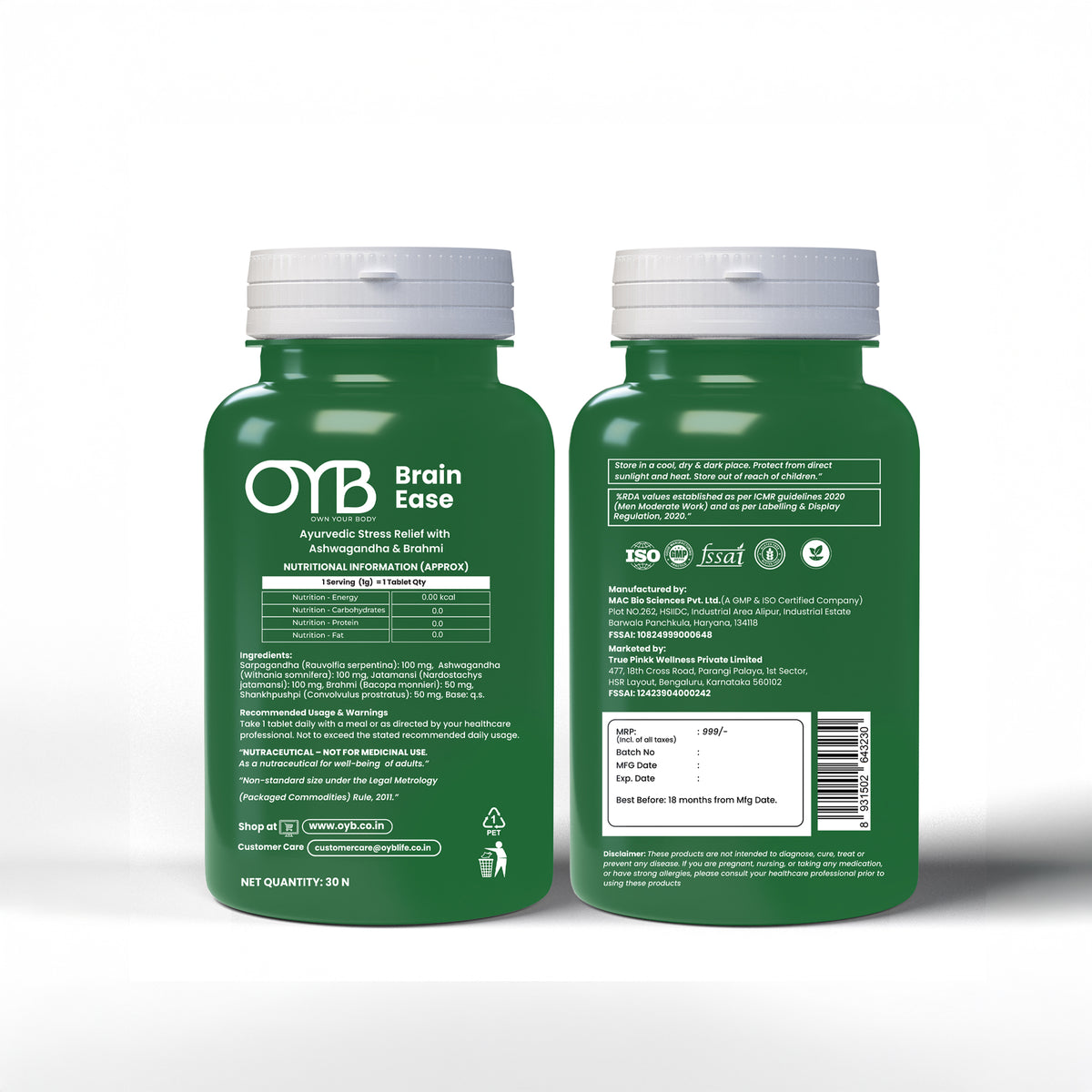 Stress Relief with Ashwagandha + Brahmi | 30 Tablets | OYB Brain Ease
