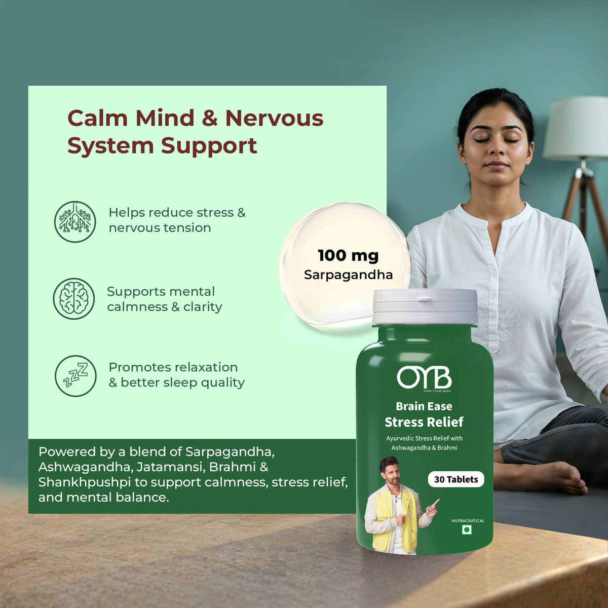 Stress Relief with Ashwagandha + Brahmi | 30 Tablets | OYB Brain Ease