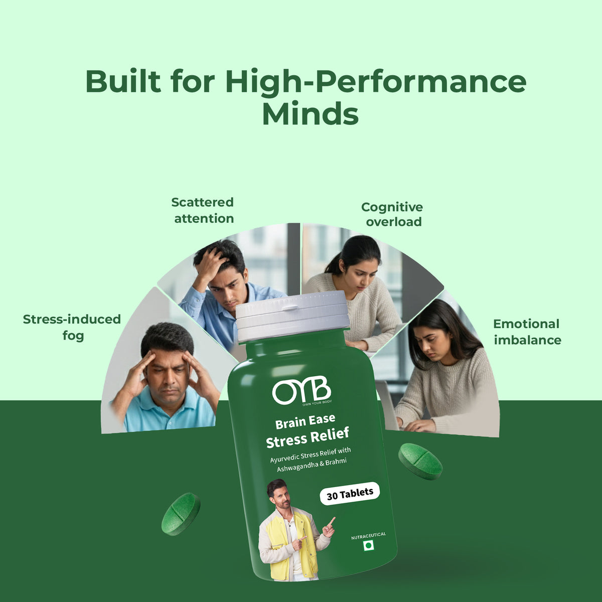 Stress Relief with Ashwagandha + Brahmi | 30 Tablets | OYB Brain Ease