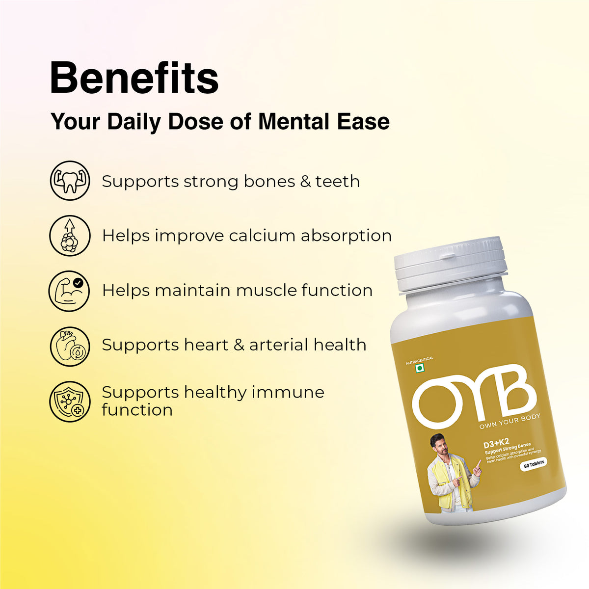OYB D3 + K2 for Bone & Heart Health with D3, K2 MK-7 & Calcium | 60 Tablets | OYB D3 + K2