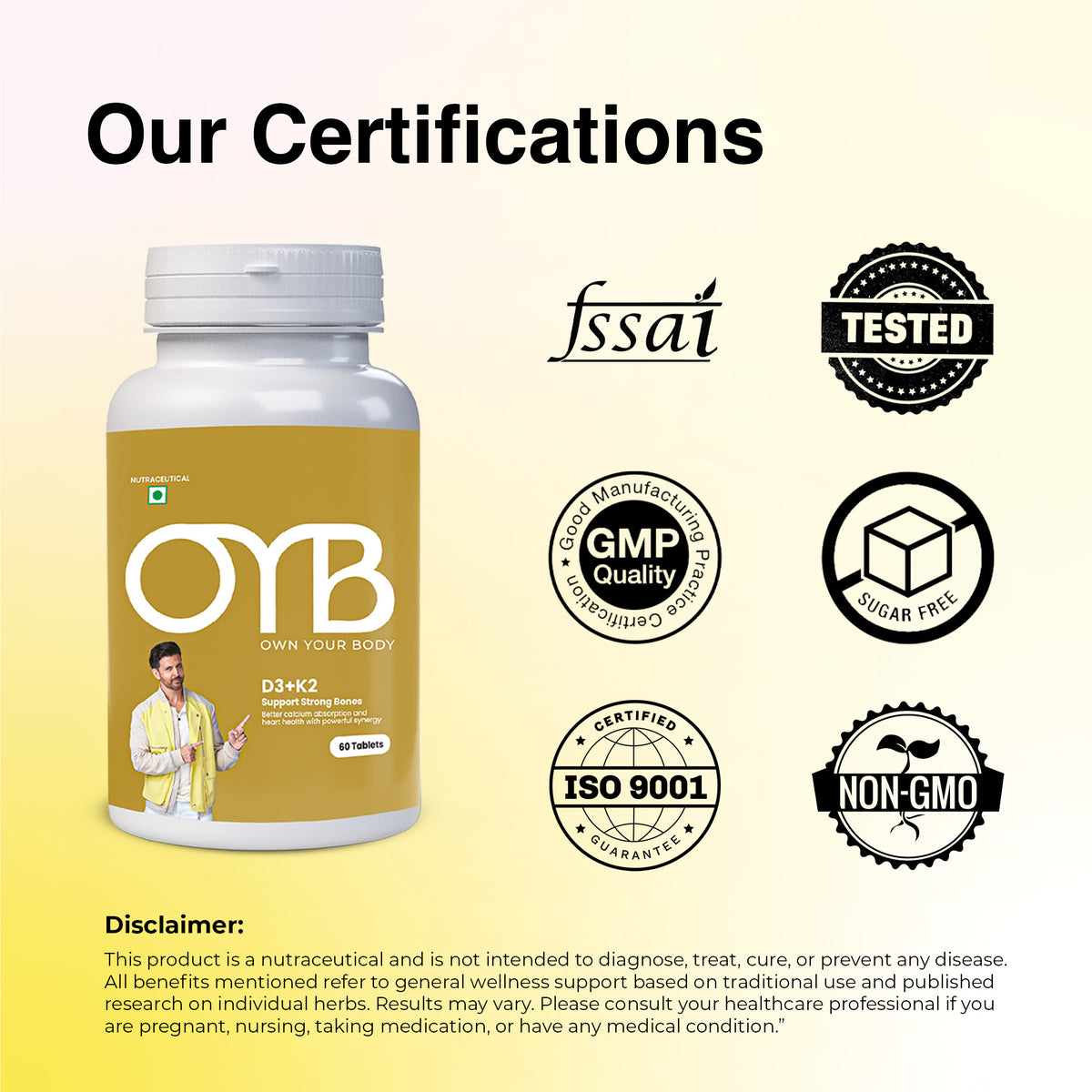 OYB D3 + K2 for Bone & Heart Health with D3, K2 MK-7 & Calcium | 60 Tablets | OYB D3 + K2