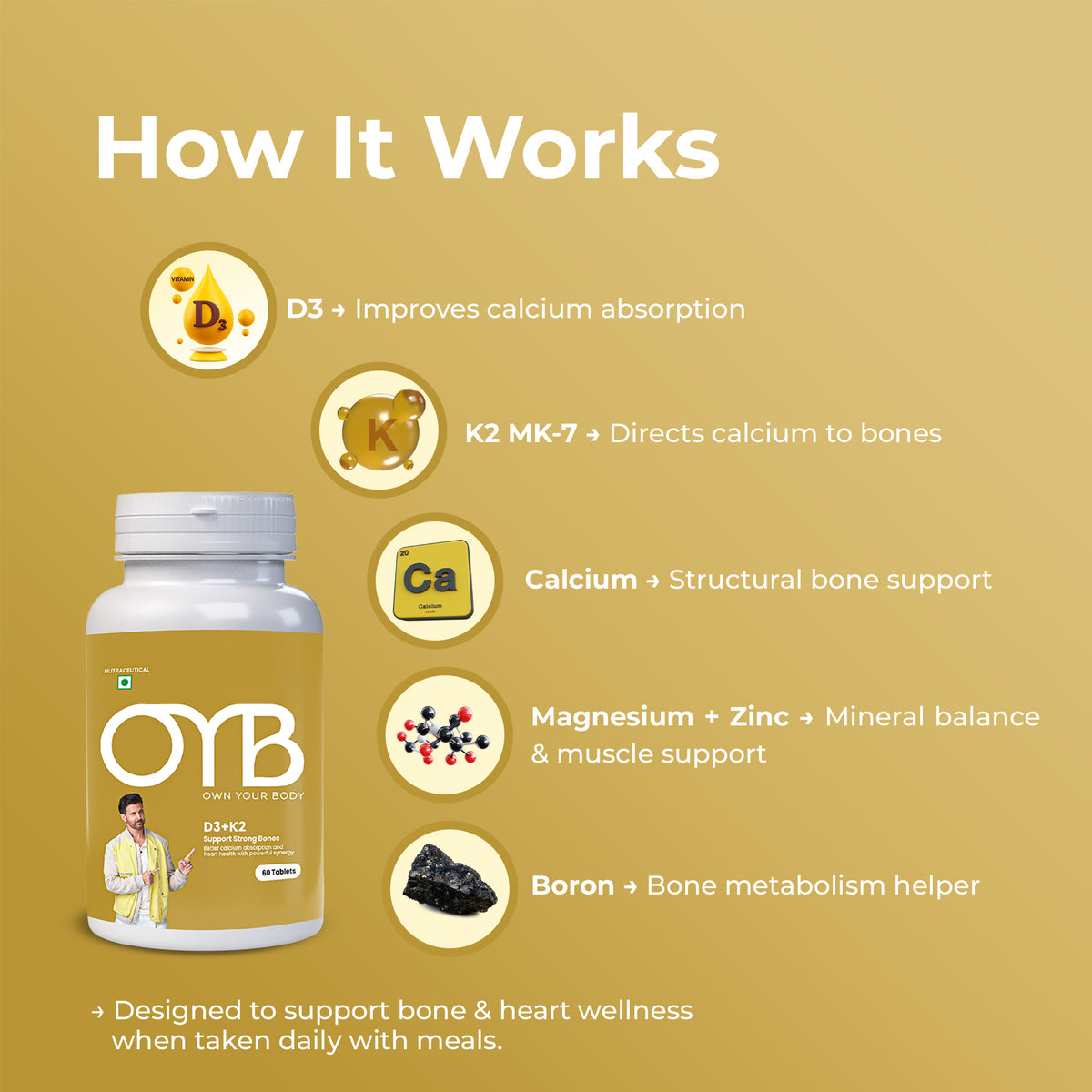 OYB D3 + K2 for Bone & Heart Health with D3, K2 MK-7 & Calcium | 60 Tablets | OYB D3 + K2