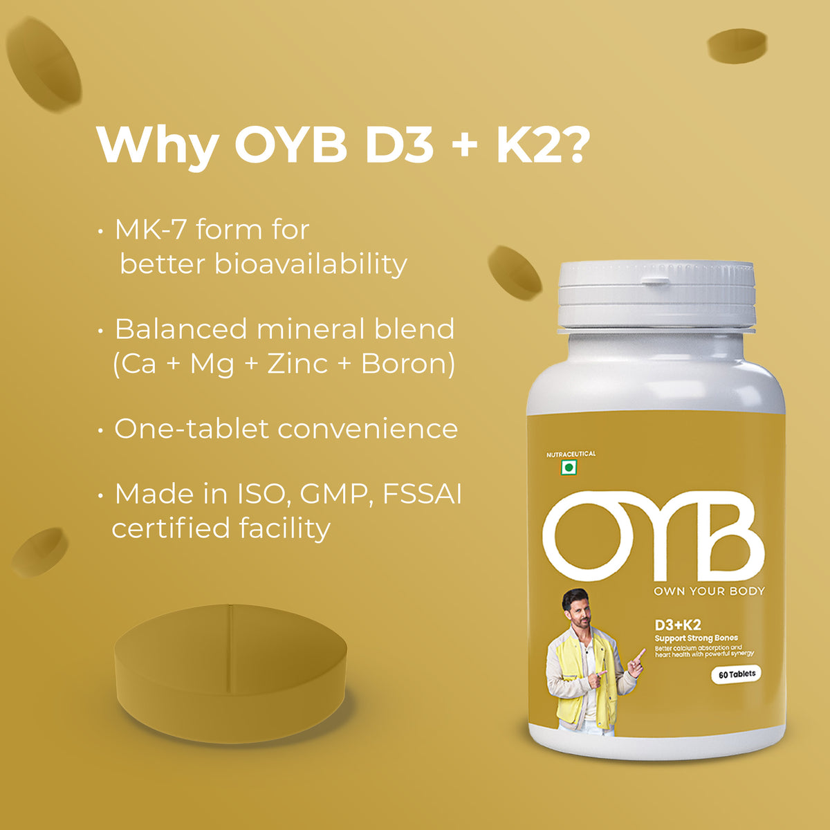 OYB D3 + K2 for Bone & Heart Health with D3, K2 MK-7 & Calcium | 60 Tablets | OYB D3 + K2